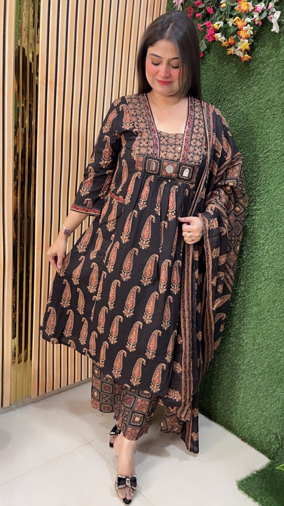 Pure cotton three piece kurta set with original mirror work