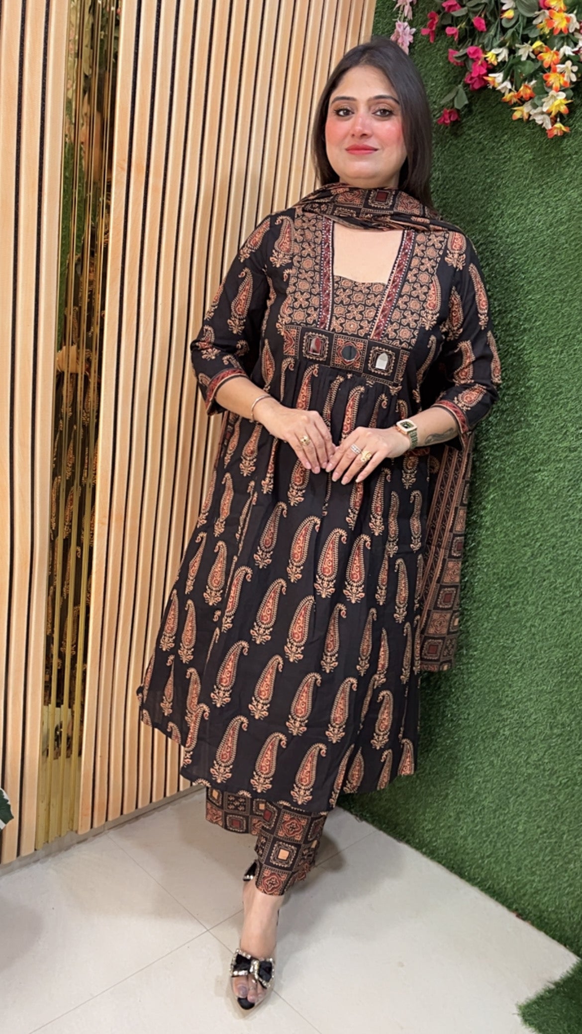 Pure cotton three piece kurta set with original mirror work