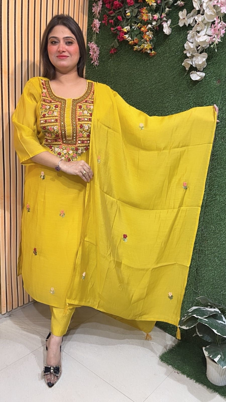 Mal Chanderi Kurta Set with Kantha & Mirror Work – Festive Wear | Yellow