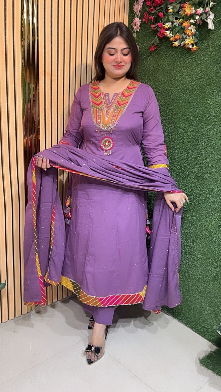 Elegant Mal Cotton Anarkali Suit with Cotton Lining – 3/4 Sleeves | Purple