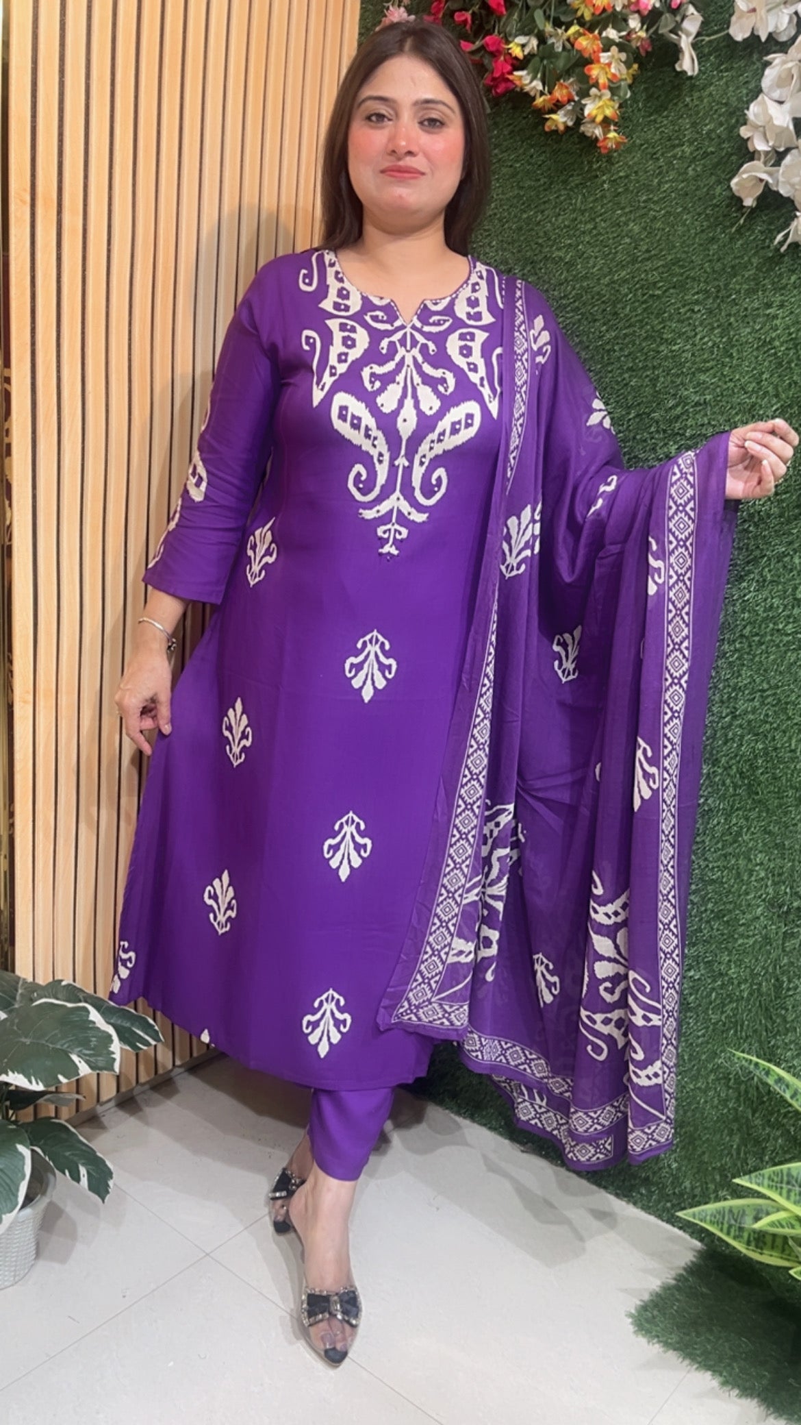 Three piece kurta set with not work reyon modal fabric