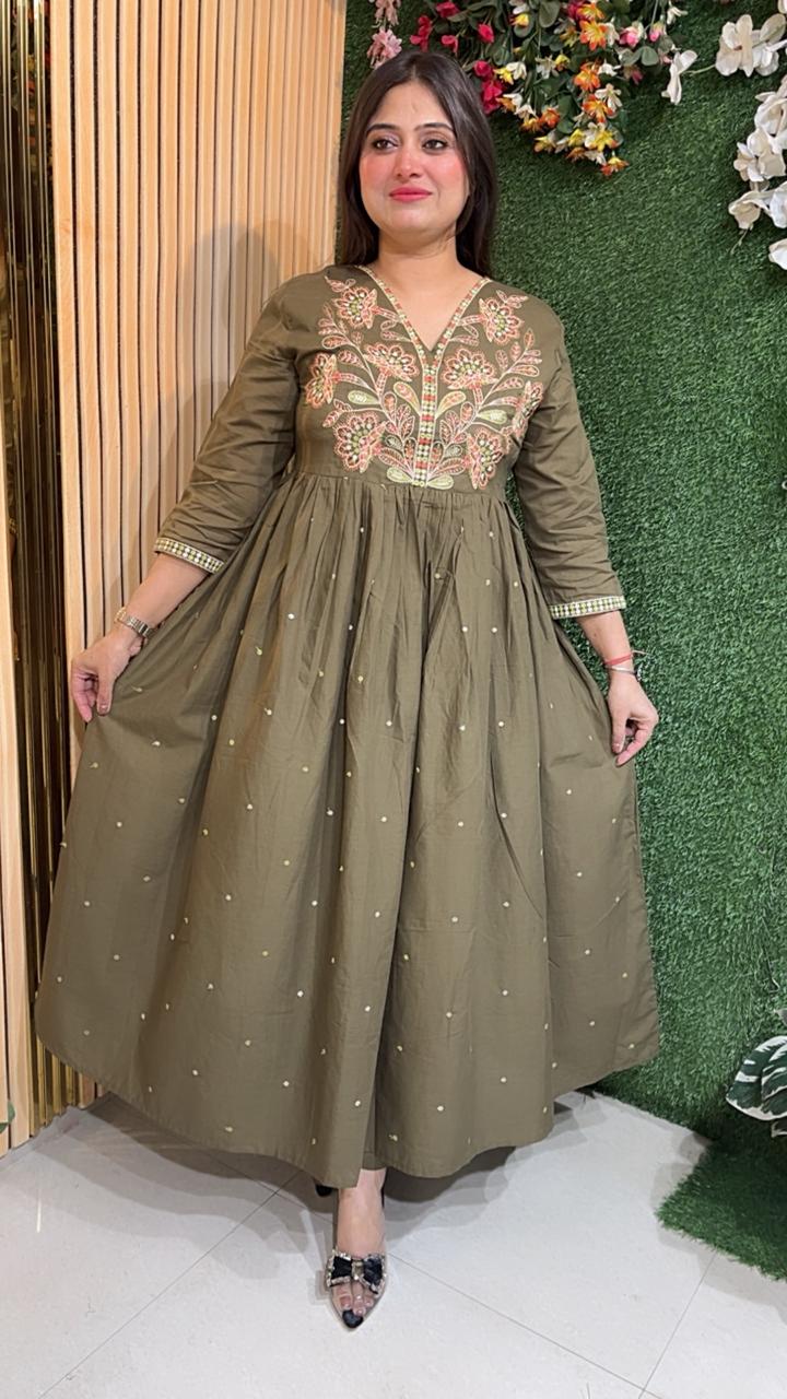 Elegant Pure Cotton Embroidered Anarkali Suit – 3/4 Sleeves | Green