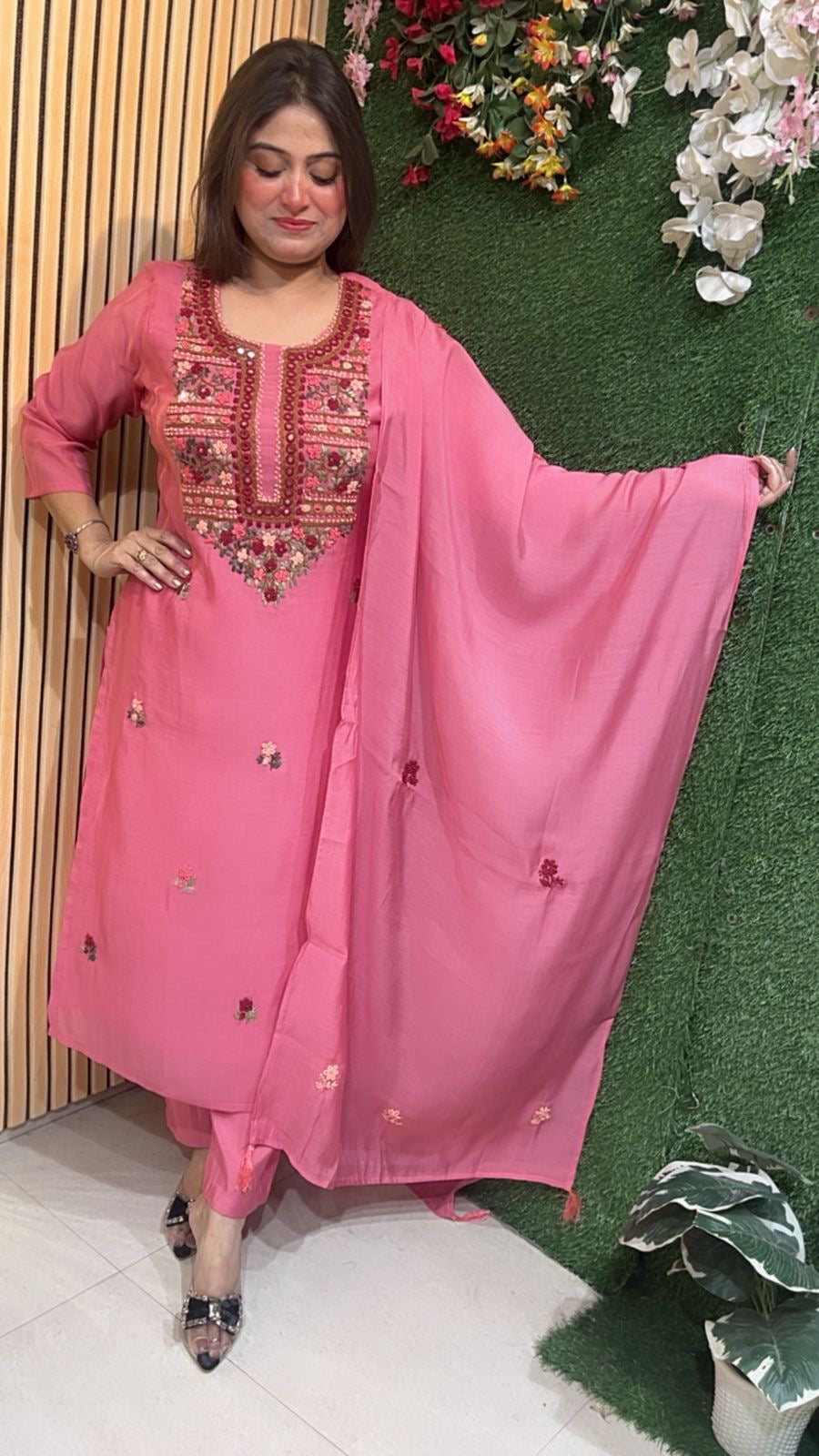 Mal Chanderi Kurta Set with Kantha & Mirror Work – Festive Wear | Pink