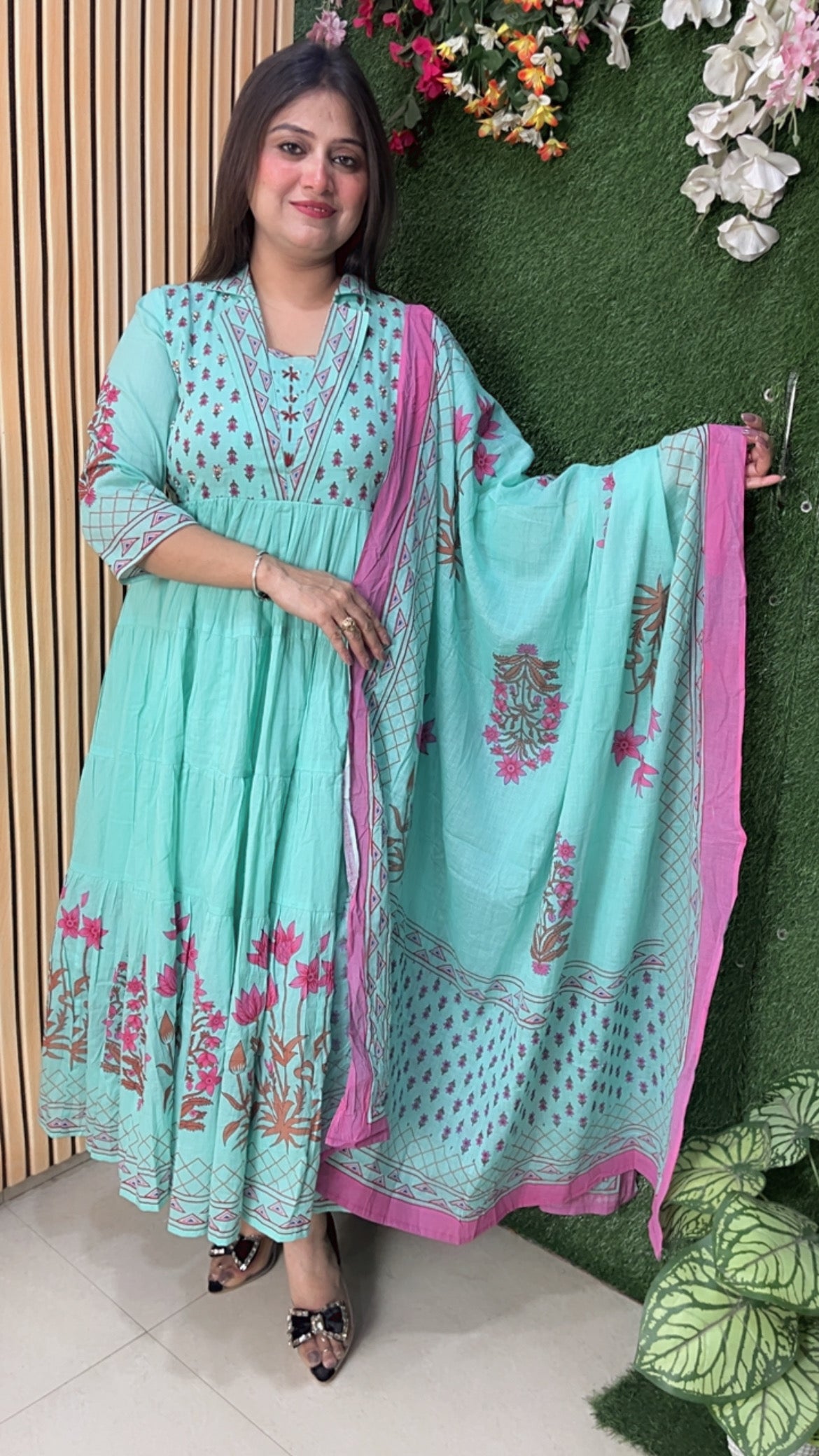 Handworked Pure Cotton Anarkali Kurta Set with Mal Cotton Lining – Heavy Flare