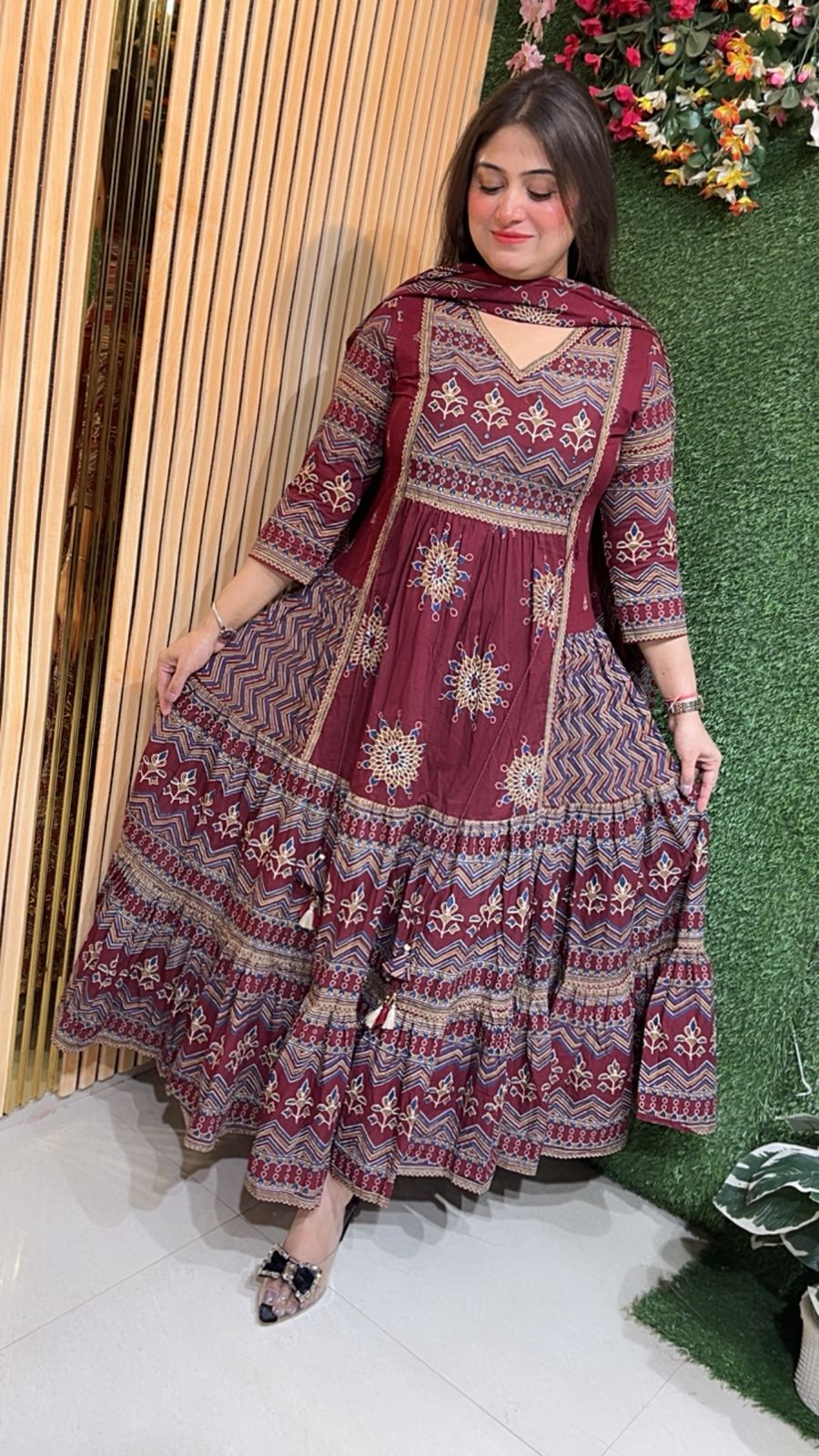 Pure Cotton Heavy Flair Anarkali Suit with 3/4 Sleeves