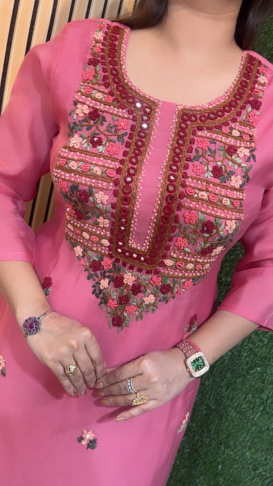 Mal Chanderi Kurta Set with Kantha & Mirror Work – Festive Wear | Pink