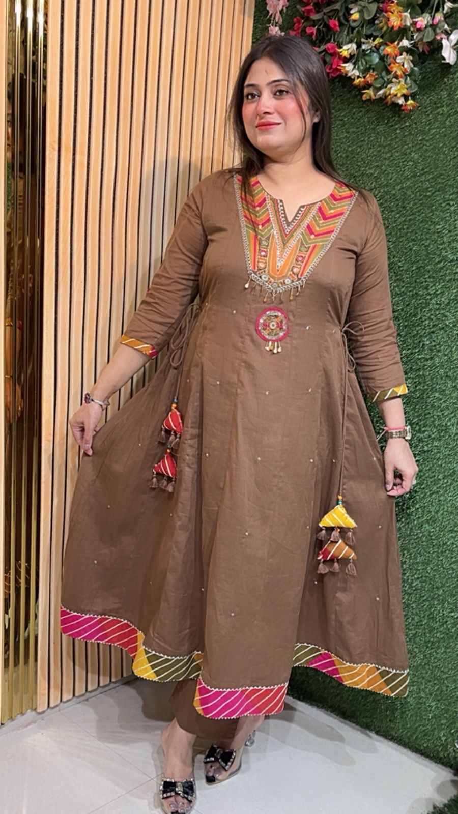 Elegant Mal Cotton Anarkali Suit with Cotton Lining – 3/4 Sleeves | Brown