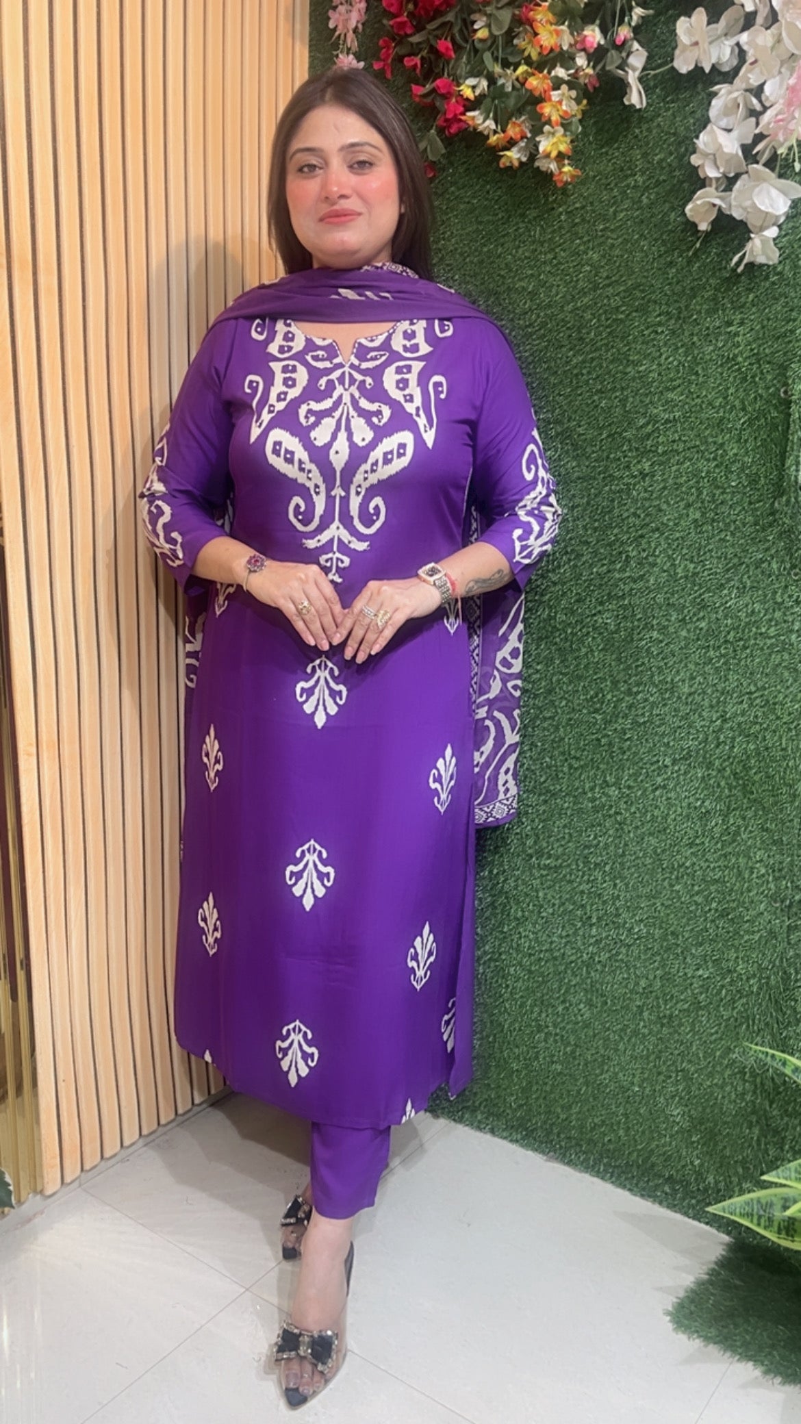 Three piece kurta set with not work reyon modal fabric