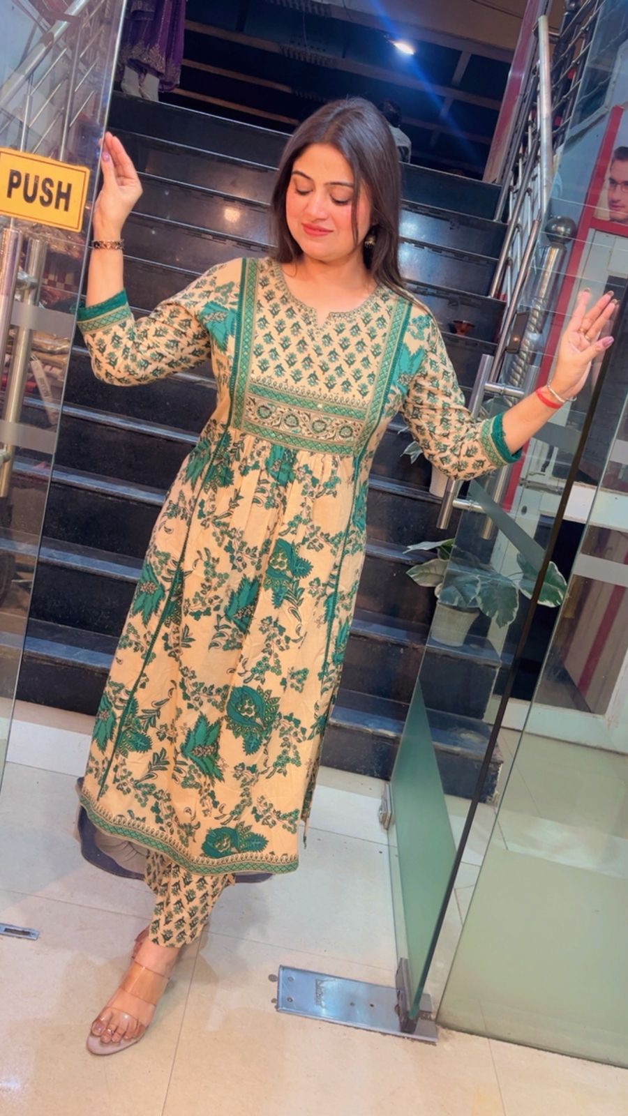 Pure Cotton A-Line Kurta Set with 3/4 Sleeves