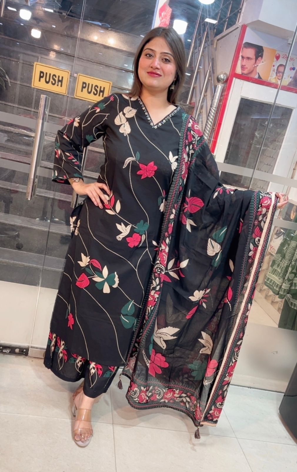 Pure Cotton 3-Piece Kurta Set with 3/4 Sleeves
