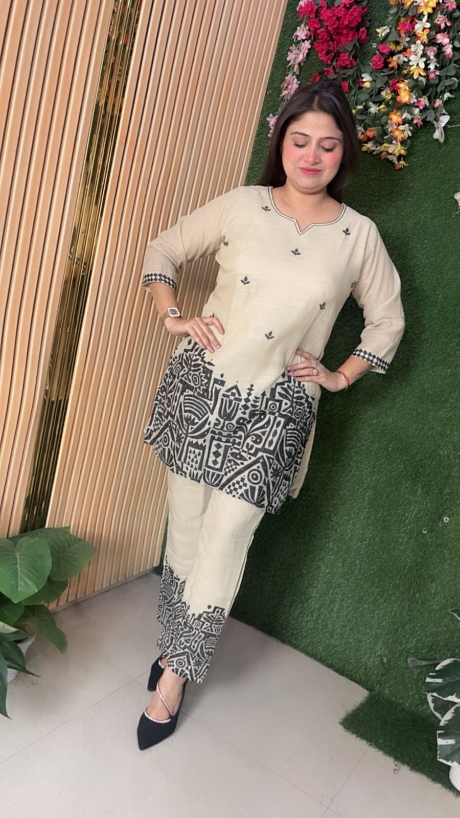 beautiful coord set comes in liene fabric with print and not work