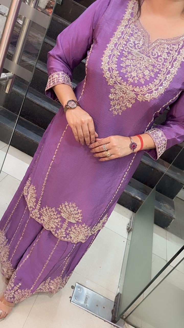 Elegant Party Wear Chinon Silk Three-Piece Kurta Set with Zari Embroidery