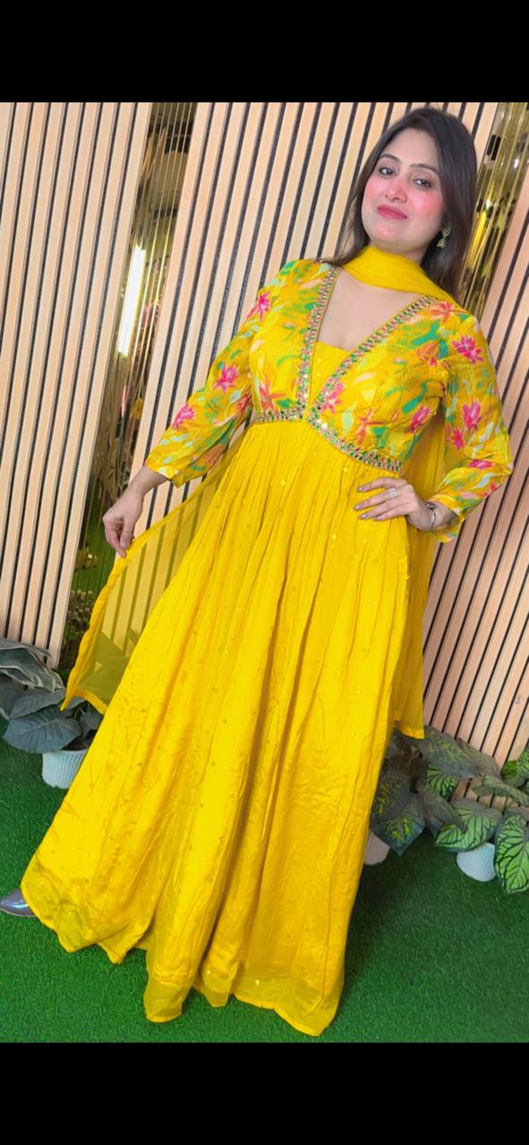 Elegant Chinon Handwork Gown with Soft Net Dupatta | Yellow
