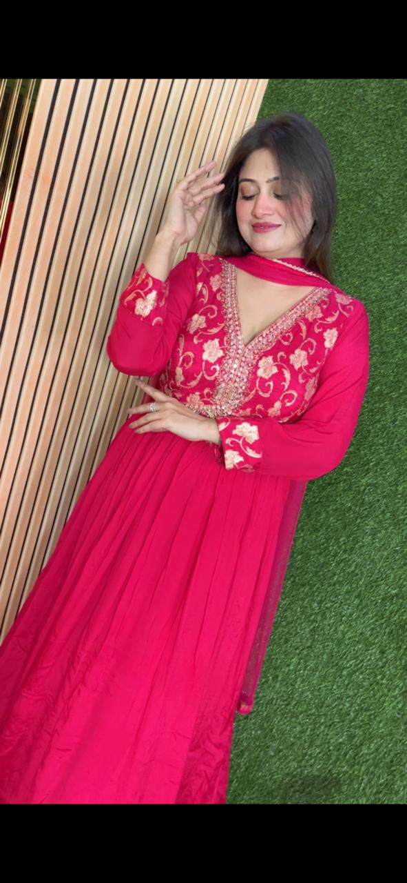 Elegant Chinon Handwork Gown with Soft Net Dupatta | Red
