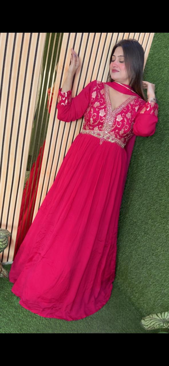 Elegant Chinon Handwork Gown with Soft Net Dupatta | Red
