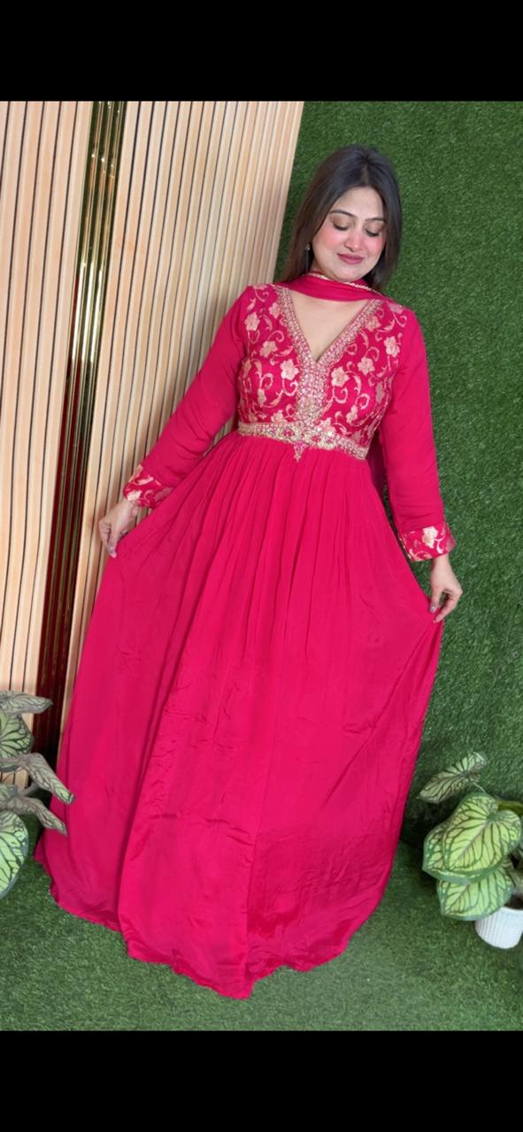 Elegant Chinon Handwork Gown with Soft Net Dupatta | Red
