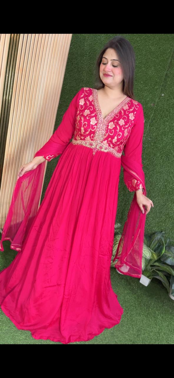 Elegant Chinon Handwork Gown with Soft Net Dupatta | Red