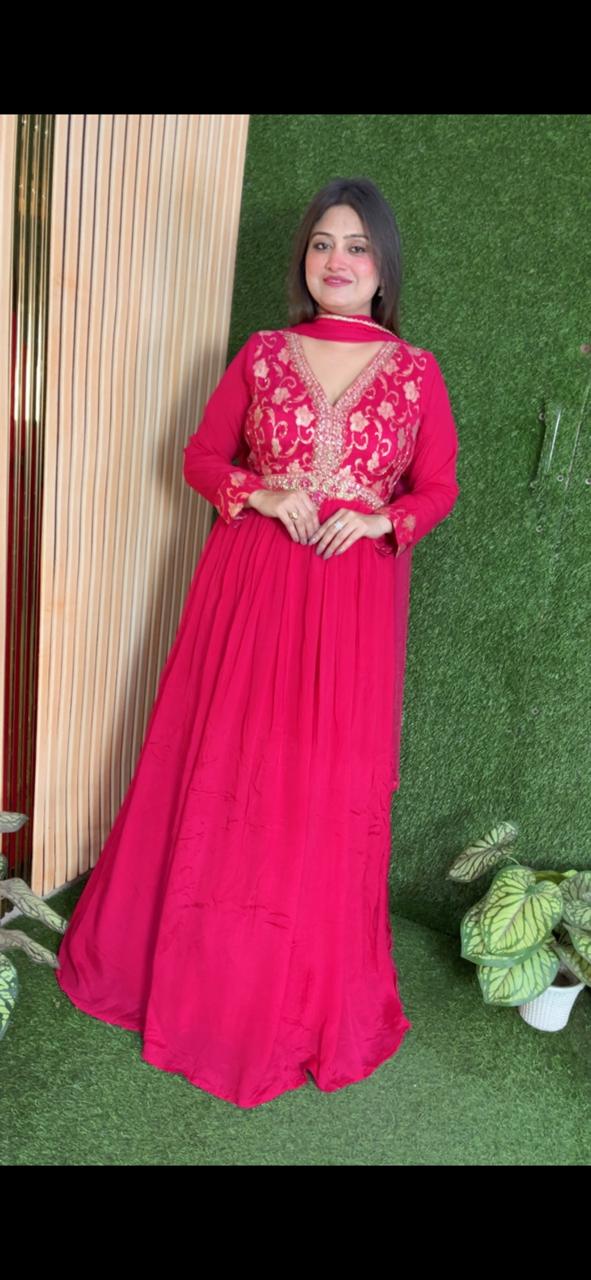 Elegant Chinon Handwork Gown with Soft Net Dupatta | Red