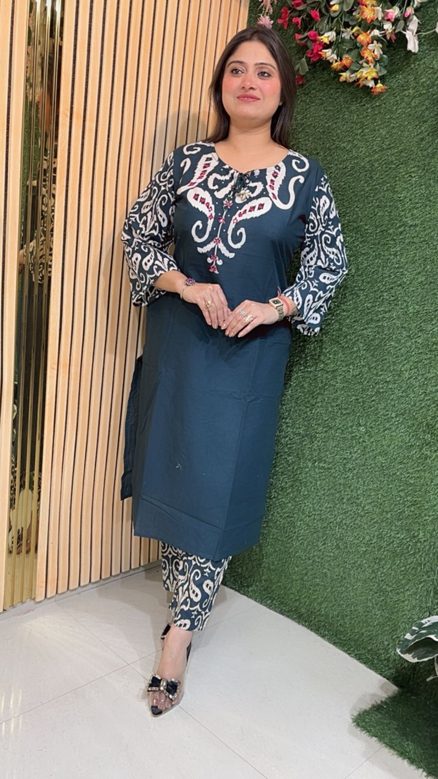 Elegant Pure Cotton Three Piece Kurta Set for Women with Dupatta | Teal Blue