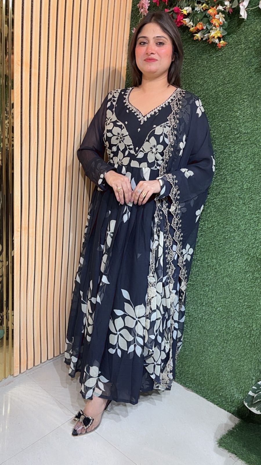 Elegant Party Wear Anarkali Suit with Full Flair & Handwork in Pure Chiffon