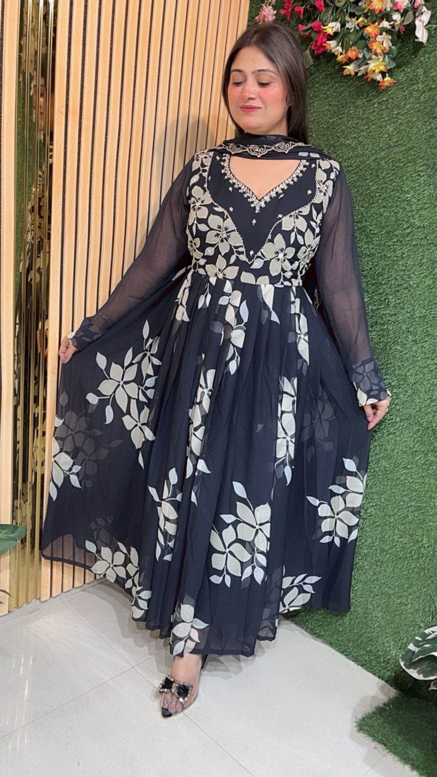 Elegant Party Wear Anarkali Suit with Full Flair & Handwork in Pure Chiffon
