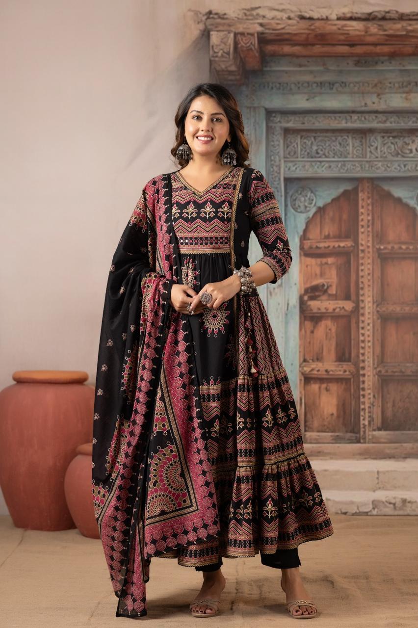Pure Cotton Heavy Flair Anarkali Suit with 3/4 Sleeves | Black