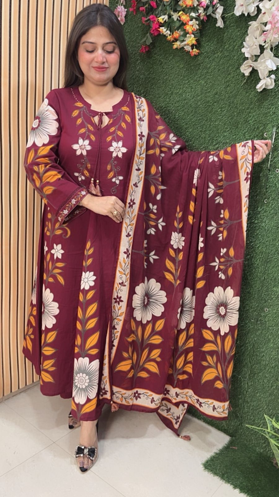 Elegant Pure Cotton Self-Print Anarkali Suit