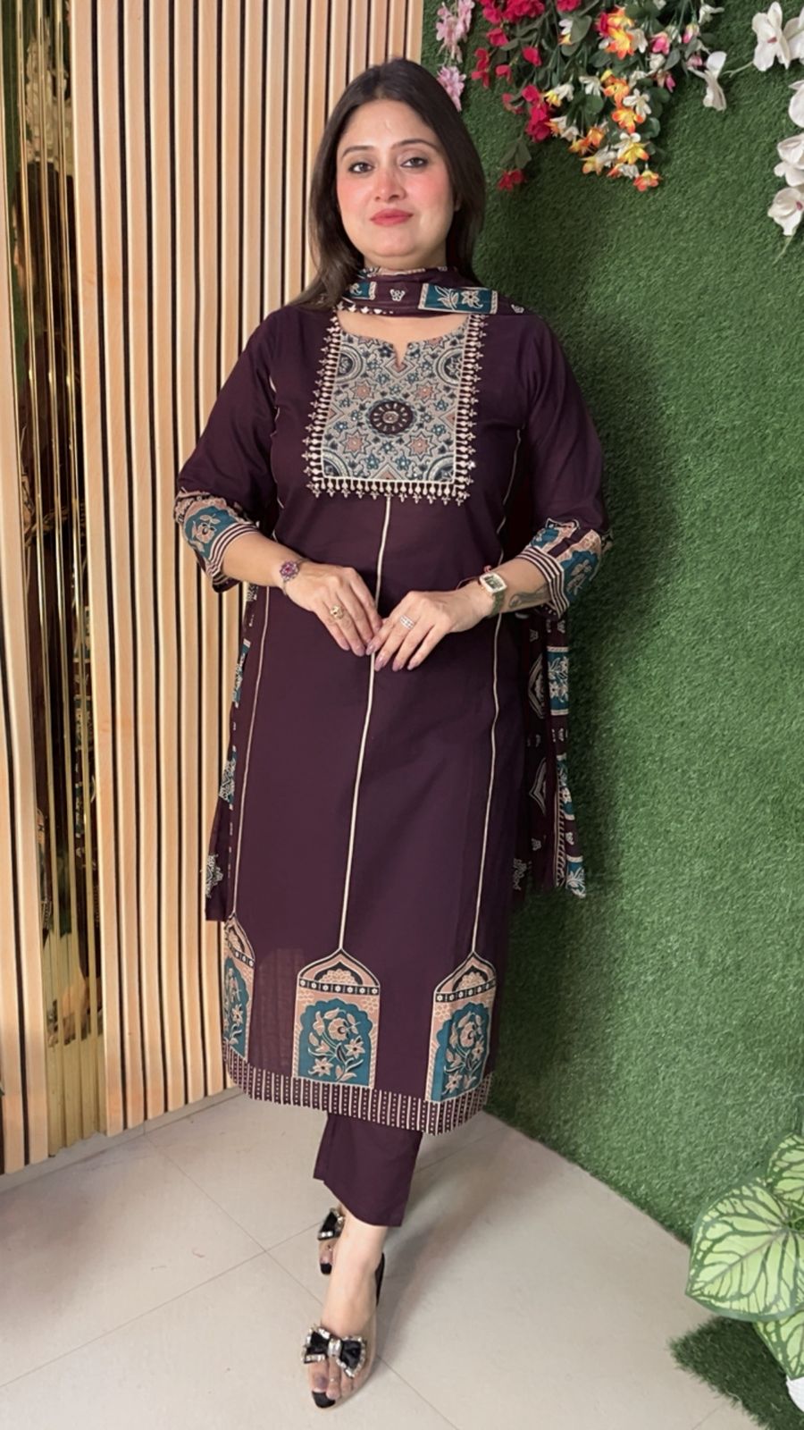 Elegant Pure Cotton 3-Piece Kurta Set | Deep Wine