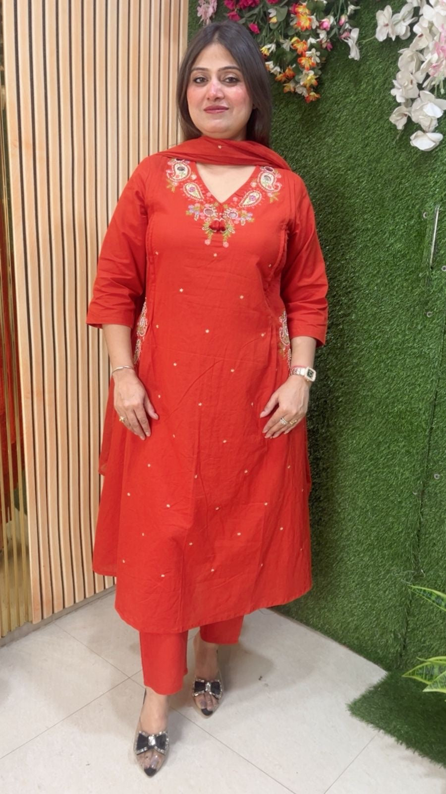 Premium A-Line Pure Cotton 3-Piece Kurta Set with Embroidery Handwork & Original Mirror Work