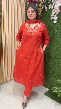 Premium A-Line Pure Cotton 3-Piece Kurta Set with Embroidery Handwork & Original Mirror Work