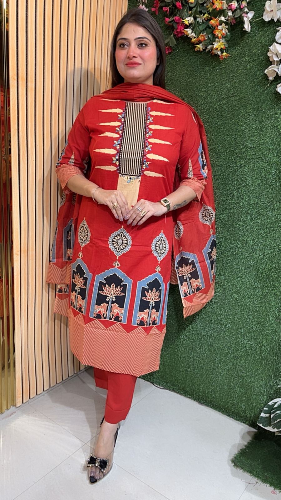 Pure Cotton 3-Piece Rust Kurta Set for Women | 3/4 Sleeves | Comfortable Ethnic Wear