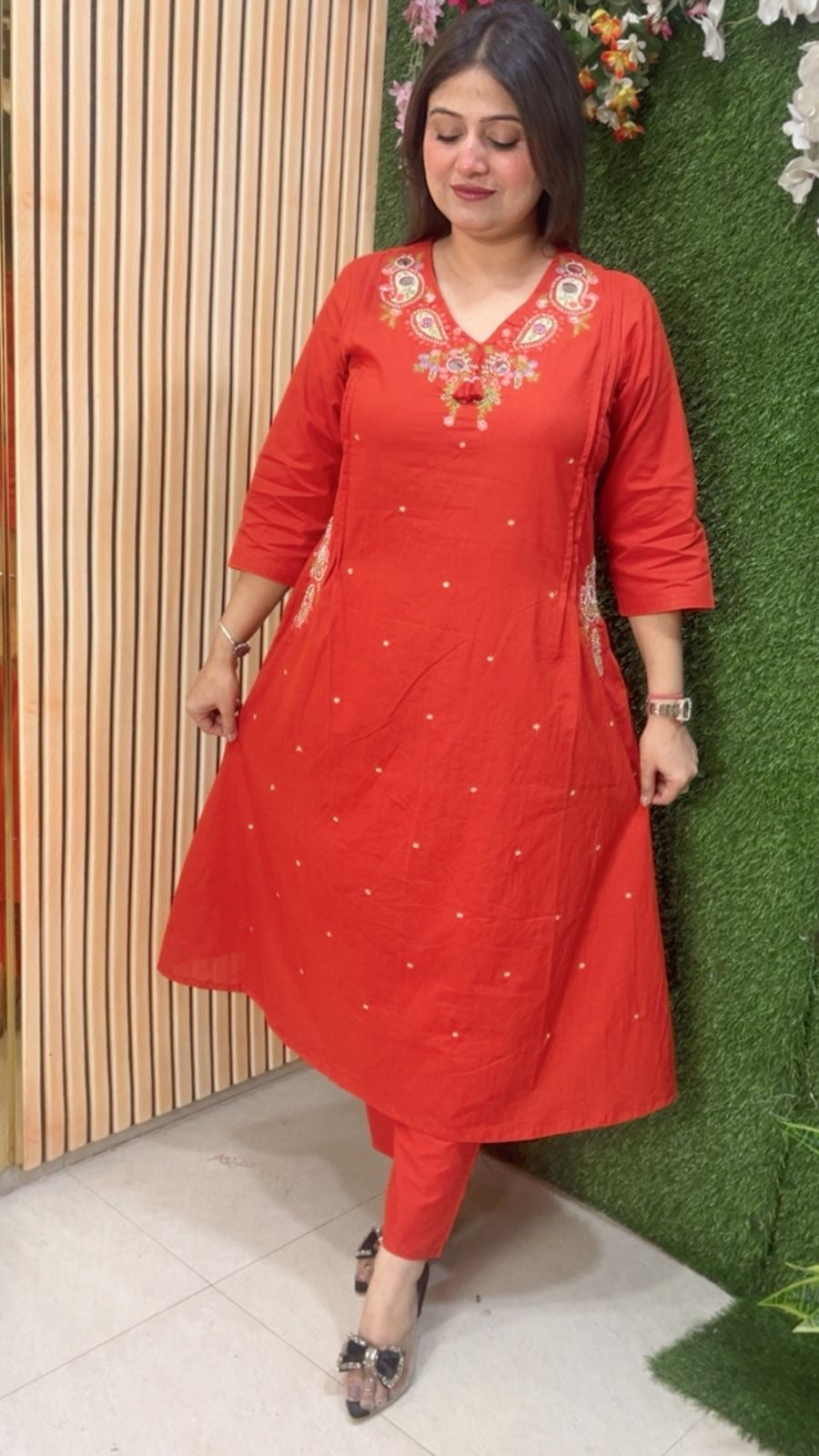 Premium A-Line Pure Cotton 3-Piece Kurta Set with Embroidery Handwork & Original Mirror Work