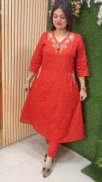 Premium A-Line Pure Cotton 3-Piece Kurta Set with Embroidery Handwork & Original Mirror Work