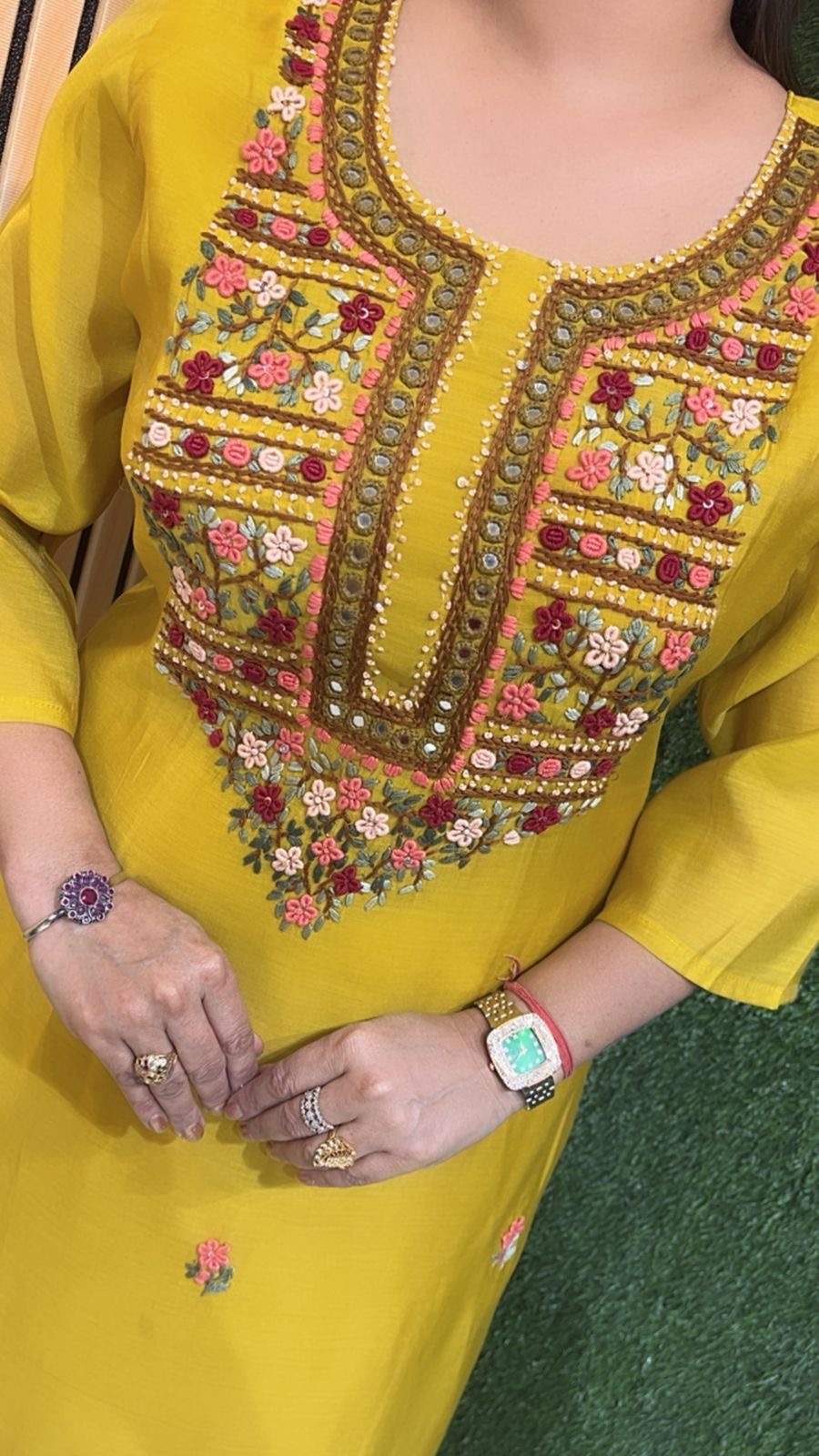 Mal Chanderi Kurta Set with Kantha & Mirror Work – Festive Wear | Yellow