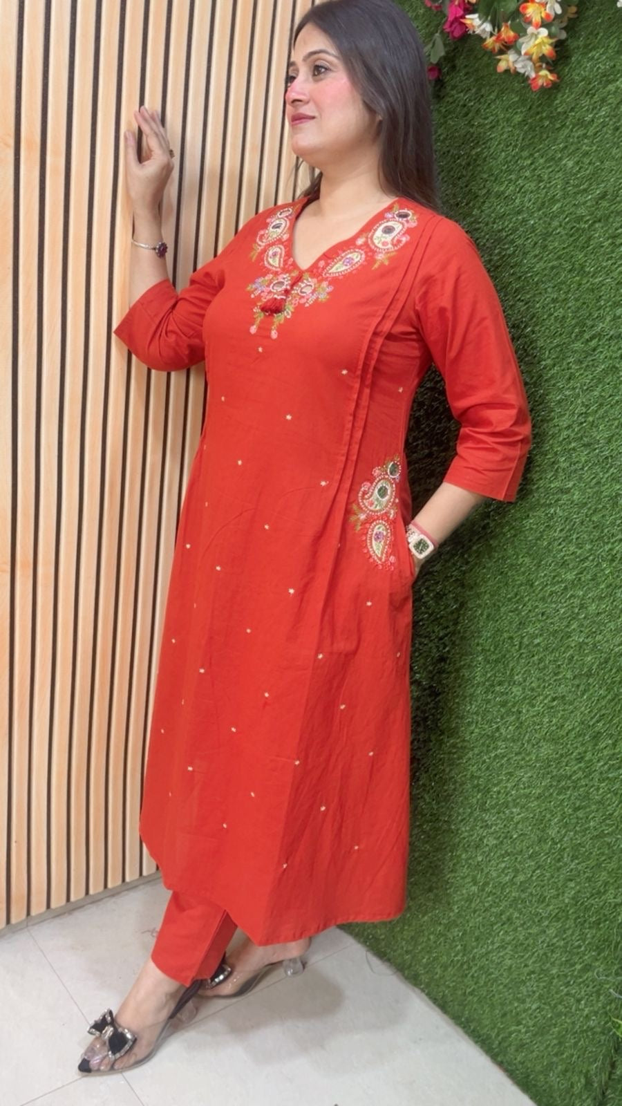 Premium A-Line Pure Cotton 3-Piece Kurta Set with Embroidery Handwork & Original Mirror Work