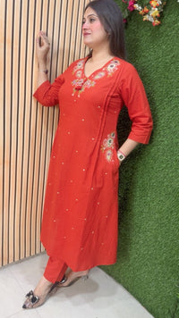 Premium A-Line Pure Cotton 3-Piece Kurta Set with Embroidery Handwork & Original Mirror Work