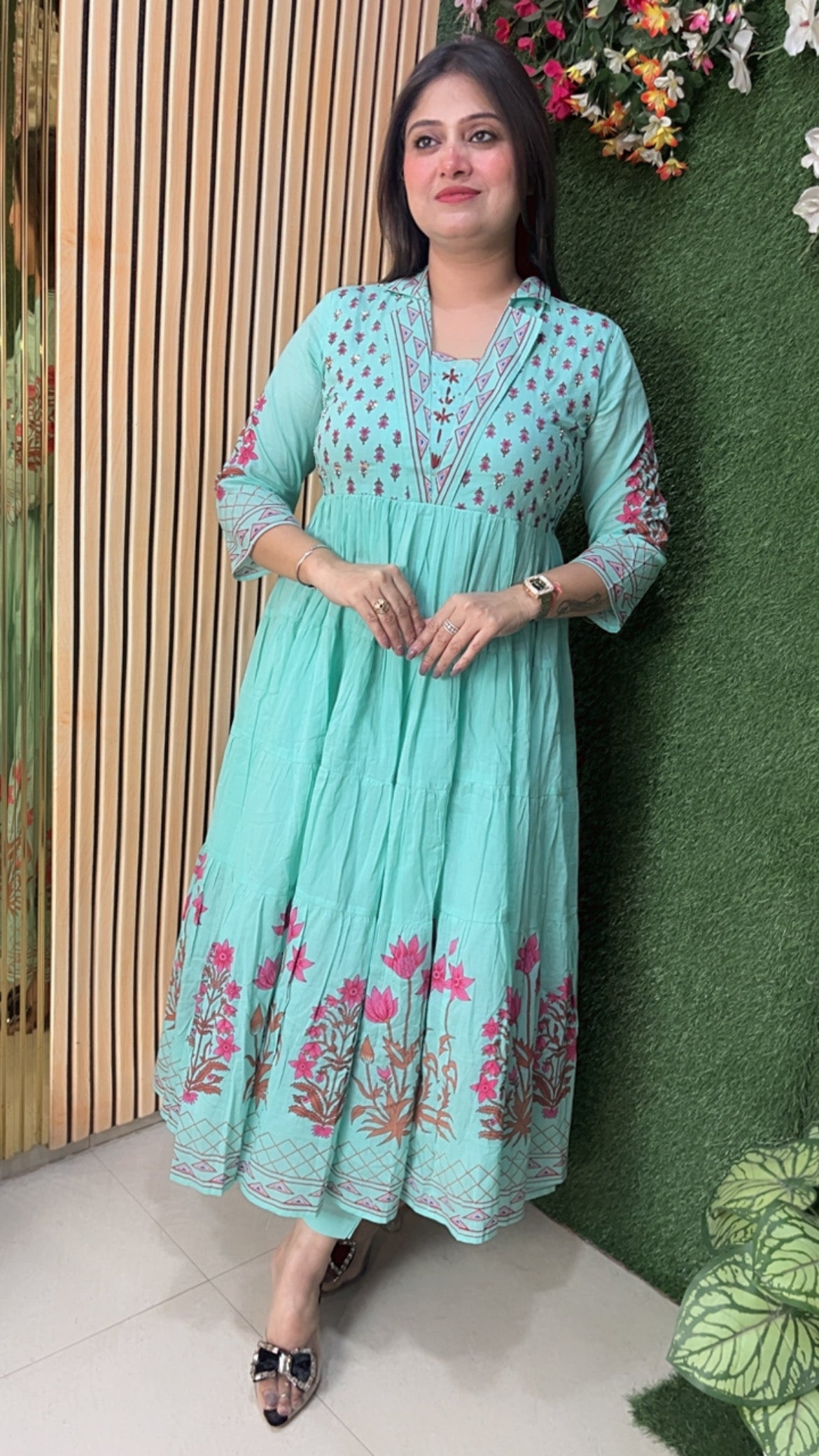 Handworked Pure Cotton Anarkali Kurta Set with Mal Cotton Lining – Heavy Flare