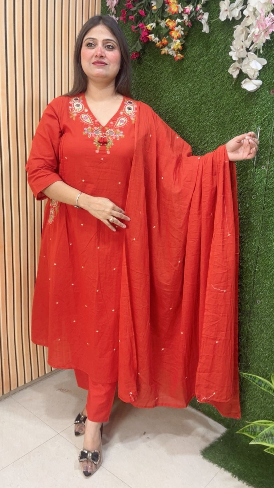 Premium A-Line Pure Cotton 3-Piece Kurta Set with Embroidery Handwork & Original Mirror Work