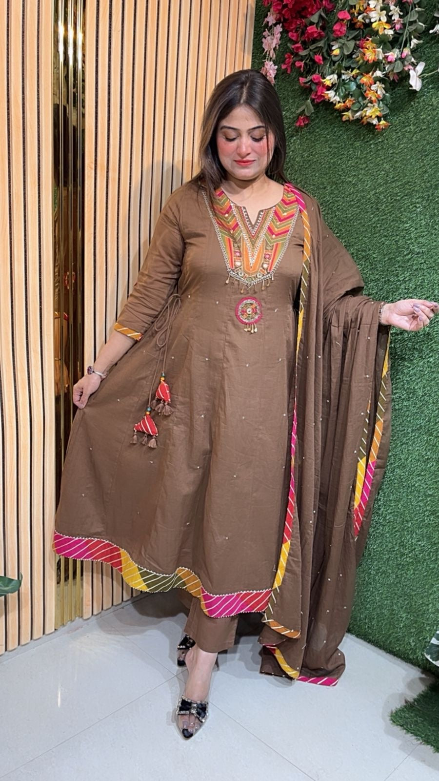 Elegant Mal Cotton Anarkali Suit with Cotton Lining – 3/4 Sleeves | Brown