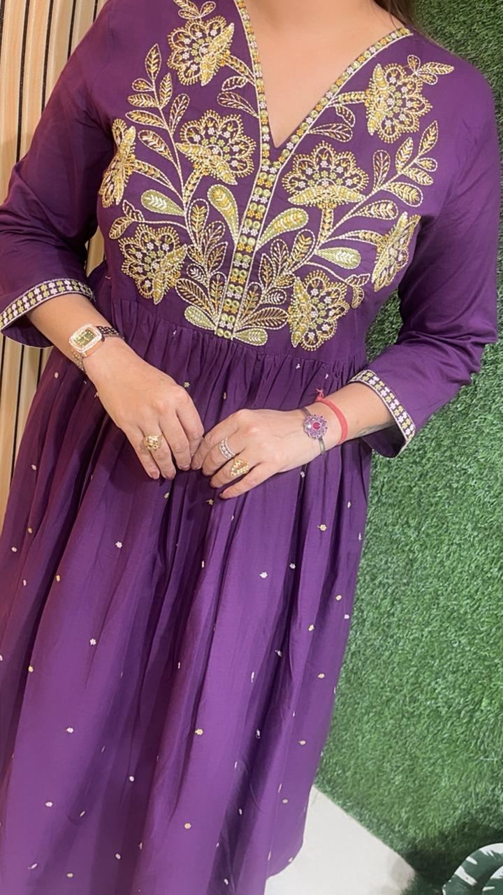 Elegant Pure Cotton Embroidered Anarkali Suit – 3/4 Sleeves | Purple