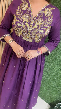 Elegant Pure Cotton Embroidered Anarkali Suit – 3/4 Sleeves | Purple