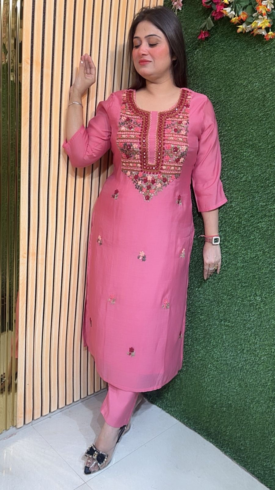 Mal Chanderi Kurta Set with Kantha & Mirror Work – Festive Wear | Pink
