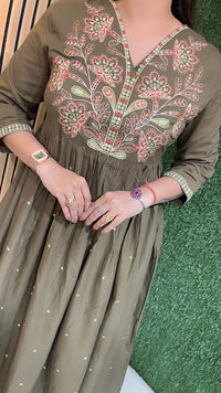 Elegant Pure Cotton Embroidered Anarkali Suit – 3/4 Sleeves | Green
