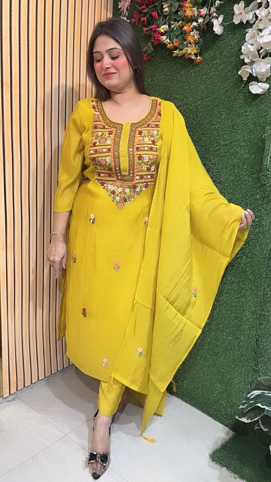 Mal Chanderi Kurta Set with Kantha & Mirror Work – Festive Wear | Yellow
