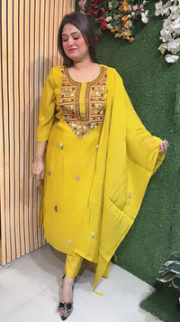 Mal Chanderi Kurta Set with Kantha & Mirror Work – Festive Wear | Yellow