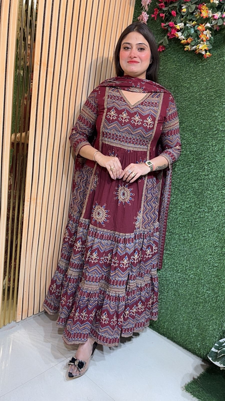 Pure Cotton Heavy Flair Anarkali Suit with 3/4 Sleeves