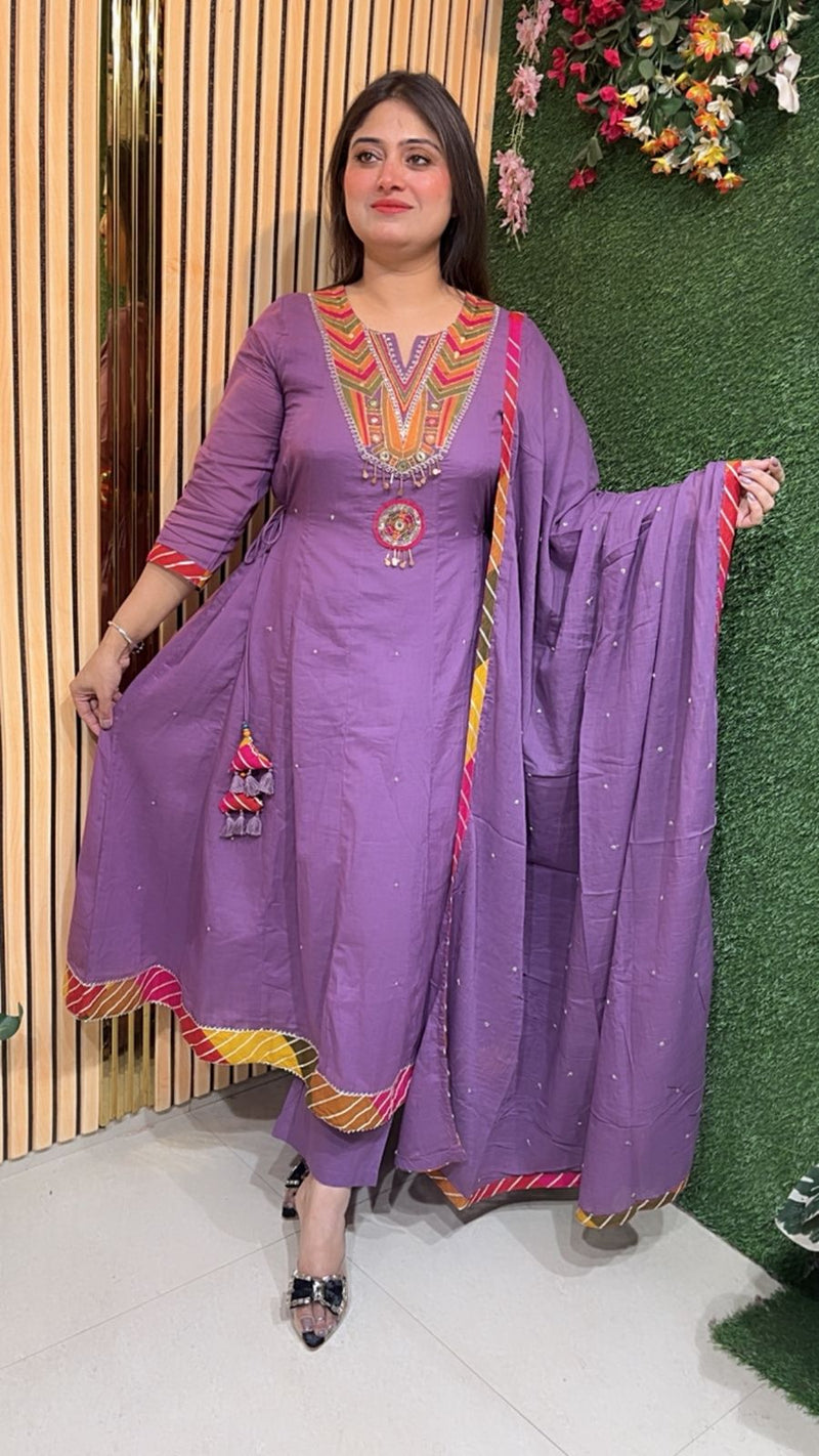 Elegant Mal Cotton Anarkali Suit with Cotton Lining – 3/4 Sleeves | Purple