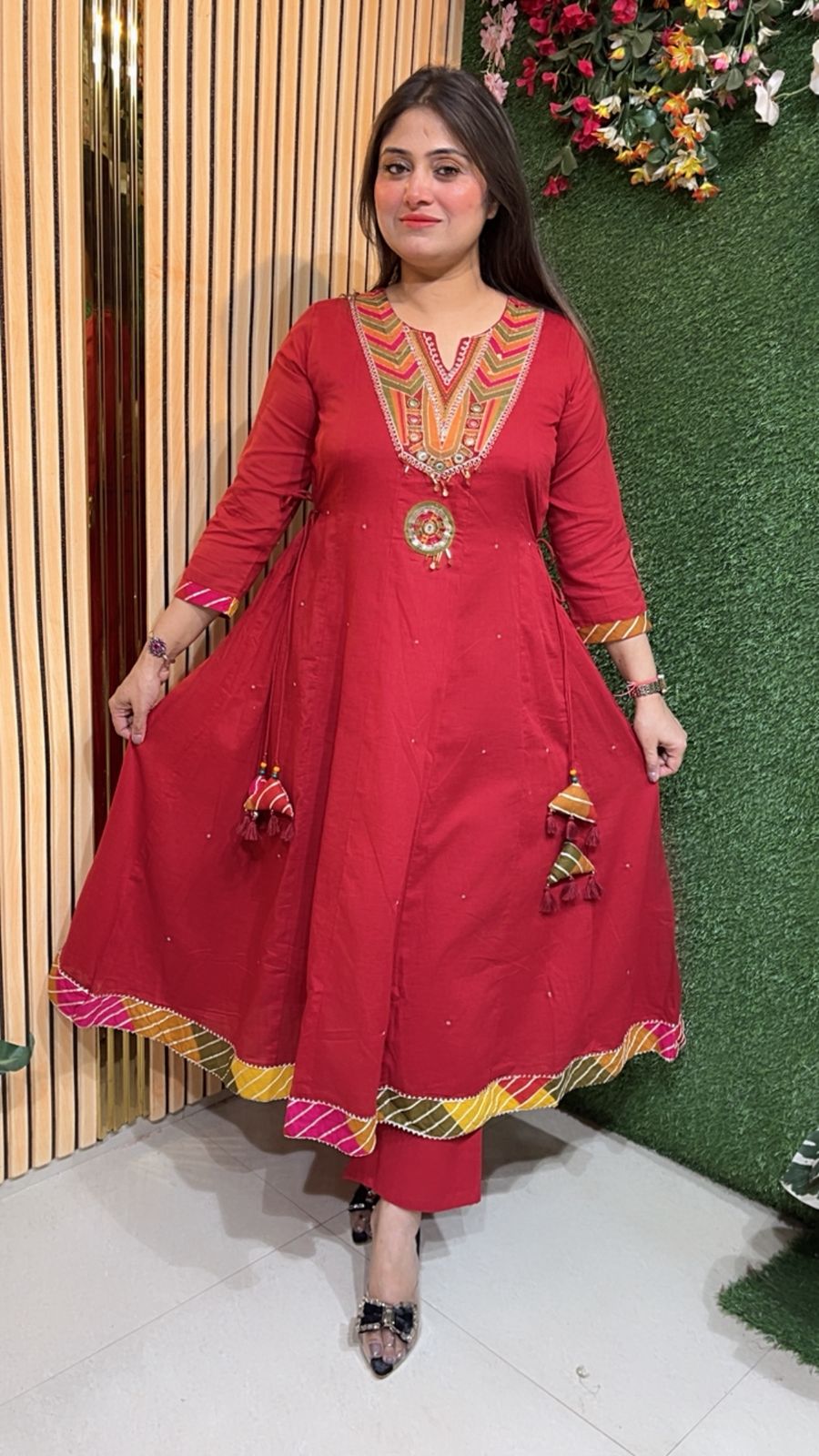 Elegant Mal Cotton Anarkali Suit with Cotton Lining – 3/4 Sleeves | Reddish Rust
