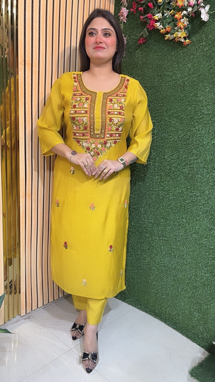 Mal Chanderi Kurta Set with Kantha & Mirror Work – Festive Wear | Yellow