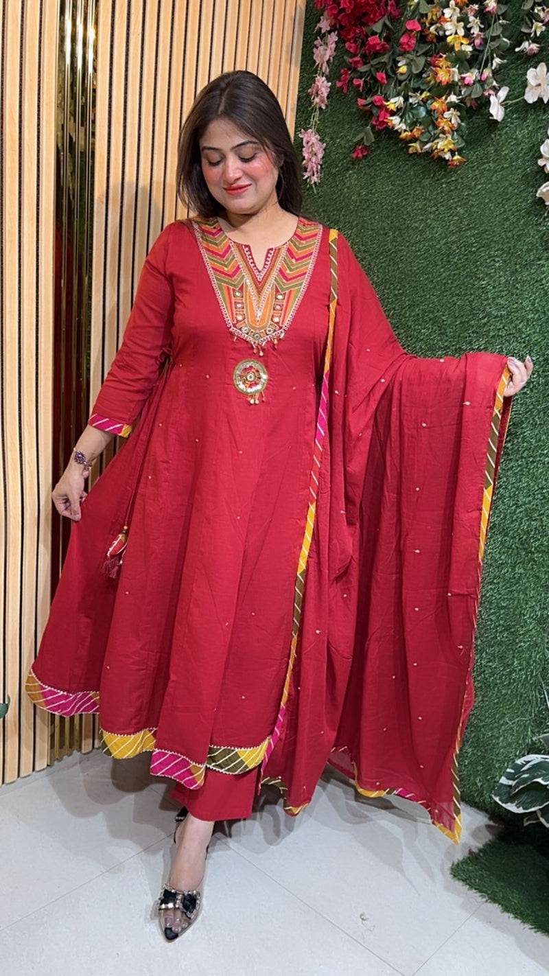 Elegant Mal Cotton Anarkali Suit with Cotton Lining – 3/4 Sleeves | Reddish Rust